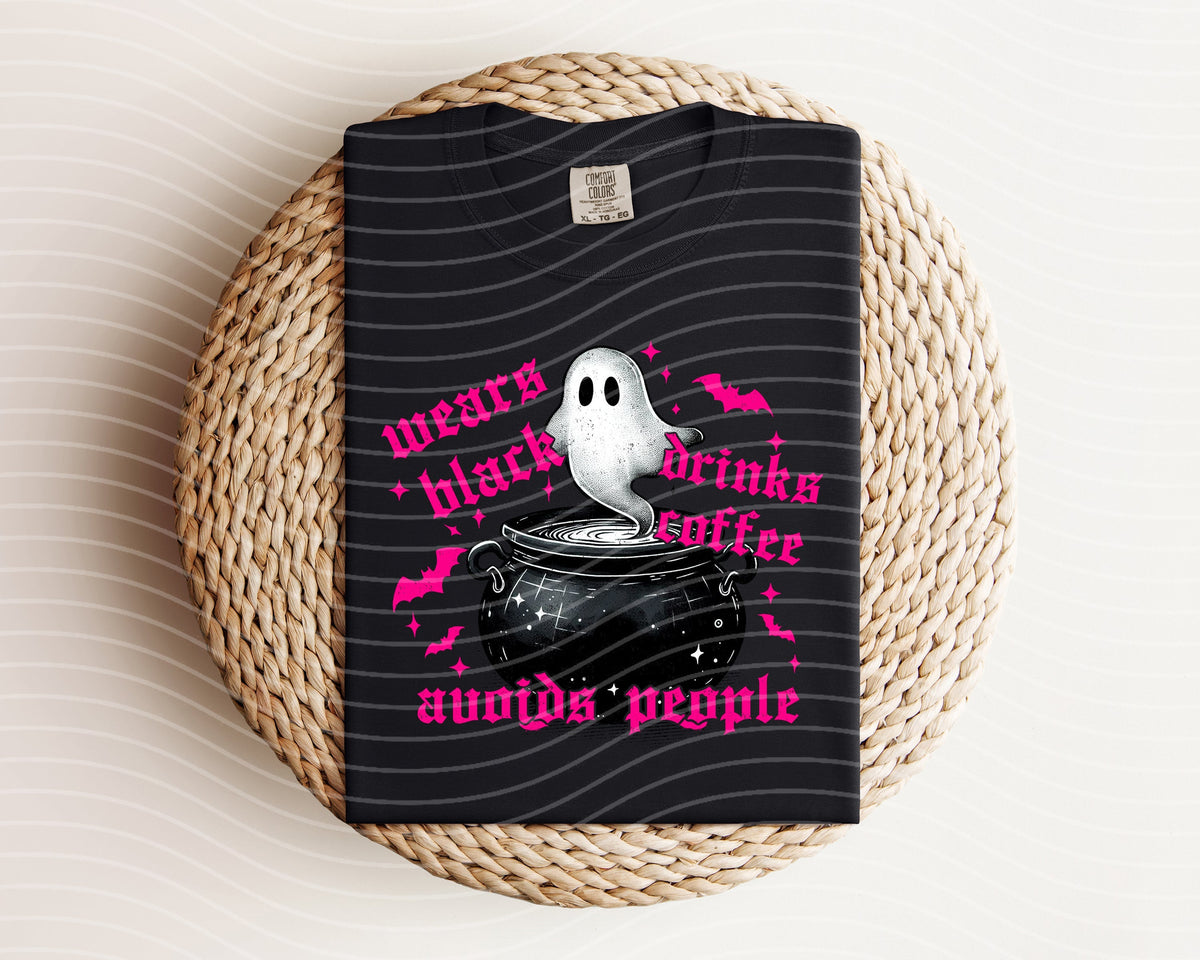 Wears Black Drinks Coffee Avoids People Graphic Tee product image 1