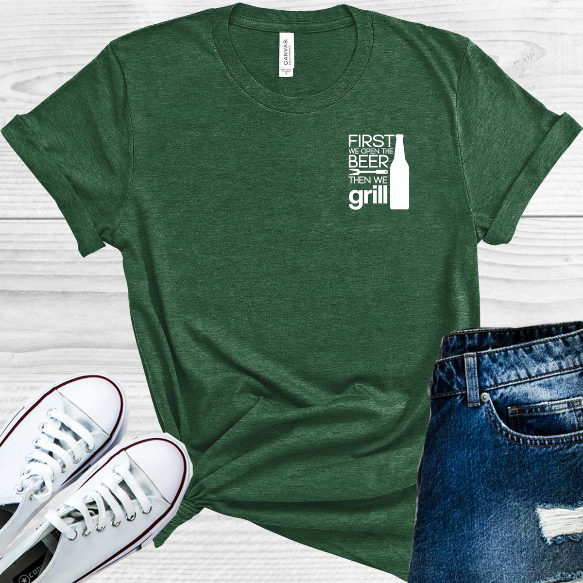 First We Open the Beer Then We Grill Pocket Graphic Tee product image 1